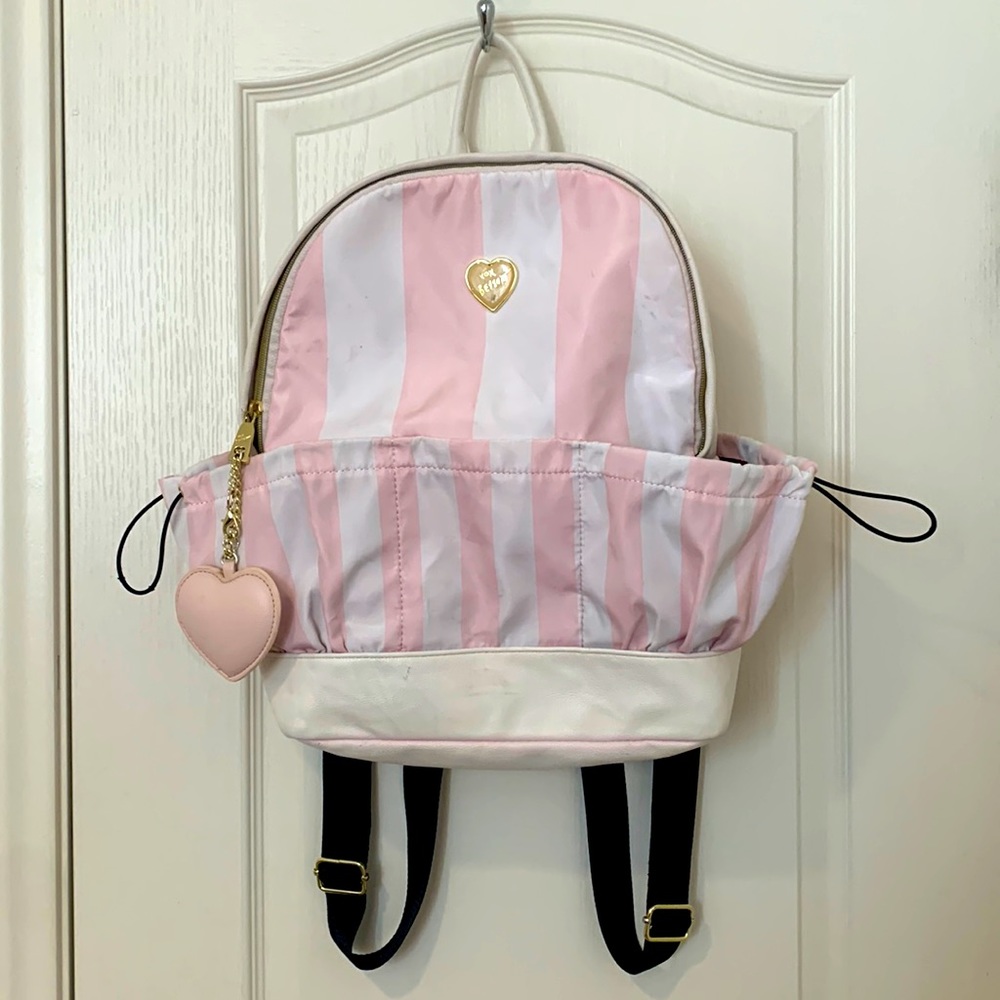BETSEY JOHNSON backpack White & Pink Striped Heart Logo w stains but still cute